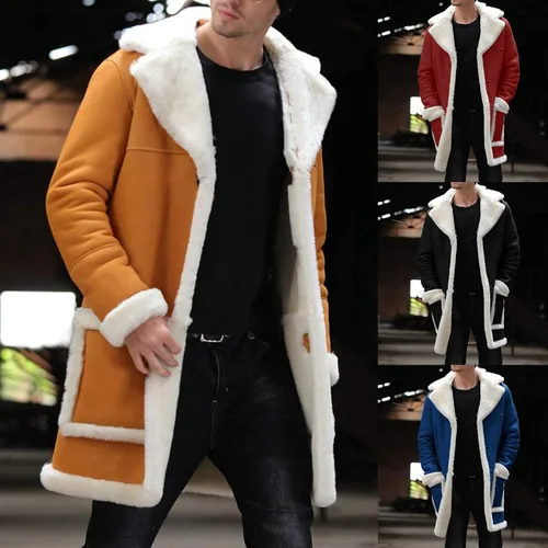 Vista 6 de Chaquetas casuales con forro polar Sherpa para hombre, con cuello de piel abrigada, gabardina larga, tallas grandes y altas con bolsillos