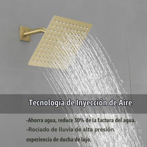 Vista 3 de Juego de llave de regadera dorada cepillada, sistema de regadera de lluvia para baño con cabezal de regadera de lluvia de acero inoxidable, kit
