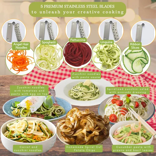 Vista 4 de Brieftons Espiralizador de verduras de 5 hojas: rebanador en espiral más fuerte y pesado, el mejor fabricante de pasta de espaguetis de verduras