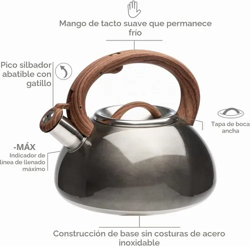 Vista 2 de Tetera silbante Primula Avalon, con boquilla silbante, con tapa de boquilla segura Acabado gris y madera
