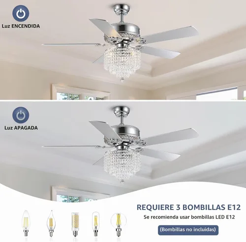 Vista 8 de Ventilador de techo de cristal con luces, ventilador de candelabro moderno con control remoto, ventilador de techo cromado reversible, lámpara