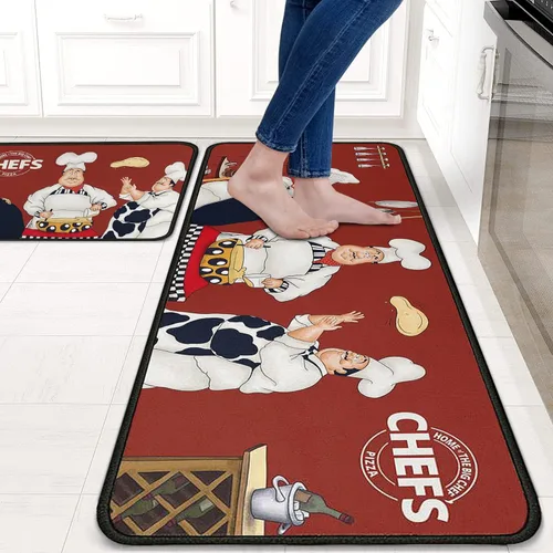 Vista 2 de Fat Chef - Juego de 2 alfombras y tapetes de cocina, alfombras rojas para decoración de cocina, tapetes con respaldo de goma antideslizante