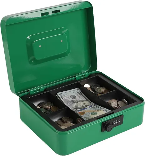 Vista 13 de xydled Caja fuerte de acero con cerradura de combinación, caja fuerte para dinero con bandeja extraíble para monedas, tamaño mediano, 7.87 x 6.30 x