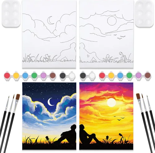 Vista 7 de Nuberlic Paquete de 2 Lienzos Predibujados de 8x10 pulgadas para Pintar para Adultos Kit de Pintar y Beber para Noche de Cita de Parejas Adultas