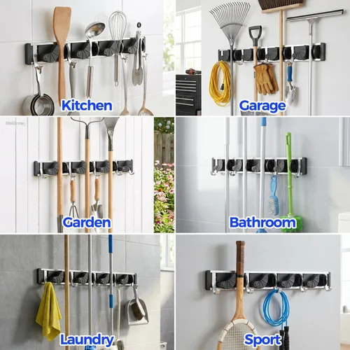 Vista 5 de Holikme Soporte para Escobas y Fregonas de Pared, Organizador de Metal para Despensa y Almacenamiento, Organizador de Herramientas de Cocina