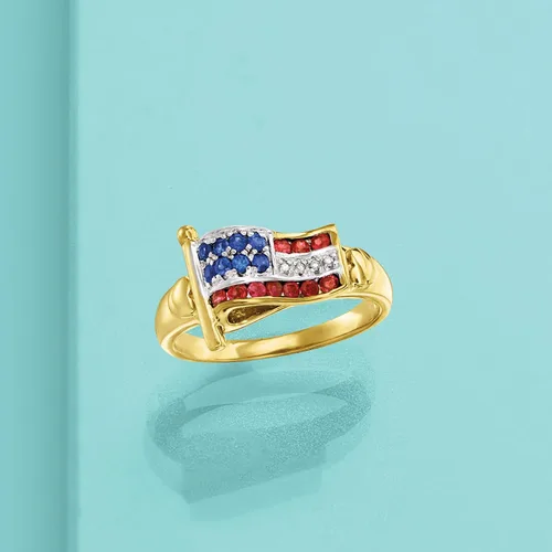 Vista 4 de Ross-Simons 0.20 ct. t.w. Ruby and .16 ct. t.w. Sapphire American Flag Ring With Diamond Accents in 18kt Gold Over Sterling