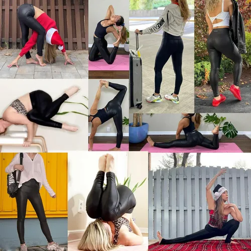 Vista 5 de HARTPOR Leggings de piel sintética con revestimiento de piel sintética para mujer, leggings elásticos de cintura alta, pantalones de yoga, Negro