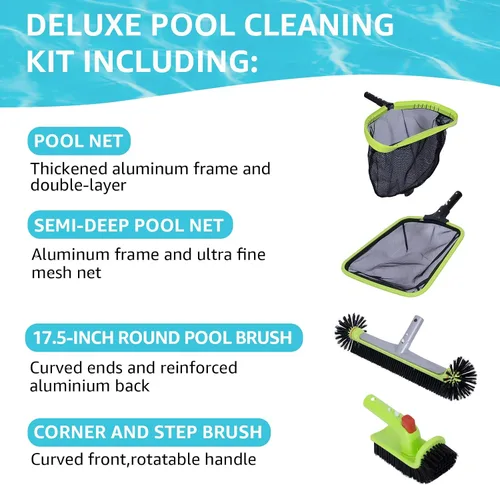 Vista 2 de Sepetrel Kit de Limpieza Deluxe para Piscina Incluyendo Red Profesional para Desnatar Hojas, Red de Malla Fina de Media Profundidad, Cabezal