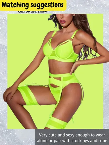 Vista 5 de Garter - Lencería con liguero para mujer sexy de encaje y traslúcida a juego de 4 piezas