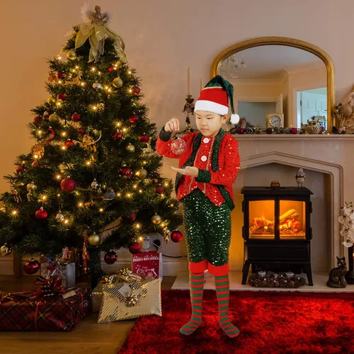 Vista 3 de A ANLEOLIFE Disfraz de elfo de Navidad para niños con lentejuelas y cinturón de campanas (versión actualizada 2021)