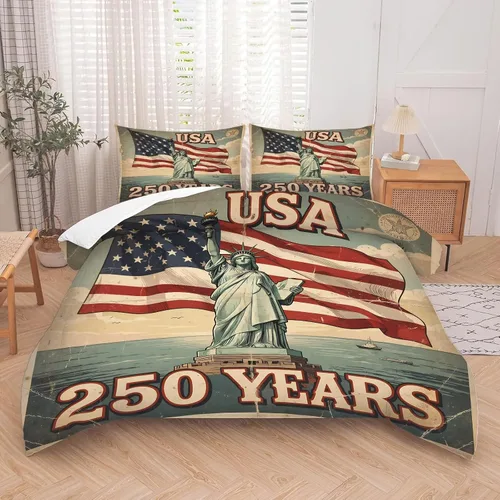 Vista 5 de kxry Juego de edredón de 250 años de Estados Unidos, tamaño individual, ropa de cama vintage de estatua de la libertad y bandera estadounidense