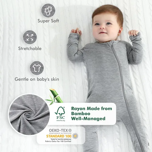 Vista 2 de HAPIU - Pijama de bambú con pies para bebé, con cremallera frontal de 2 vías, mamelucos Sleep 'N Play, de 0 a 24 meses