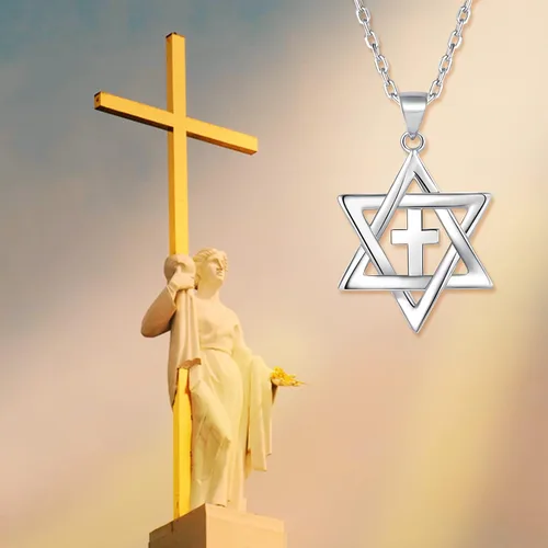 Vista 2 de YKYLHSYXR Collar mesiánico judío para mujeres y hombres, chapado en plata oro de 18 quilates con colgante de estrella pequeña de David y cruz