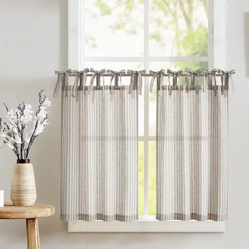 Vista 72 de Jinchan - Cortinas de lino a rayas para cocina, 24 pulgadas, beige, 2