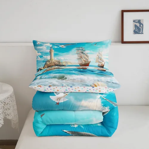 Vista 7 de Castle Fairy Juego de edredón de verano para niños, tamaño individual, diseño náutico reversible con diseño náutico de estrellas de mar, barco y Azul