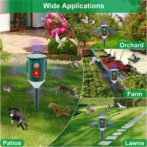 Vista 6 de Repelente solar ultrasónico de animales para exteriores, disuasorio de plagas activado por movimiento de 360° con luz estroboscópica, protección