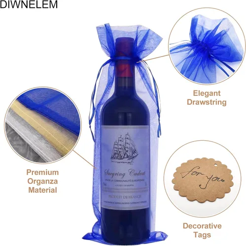 Vista 3 de DIWNELEM Paquete de 30 bolsas de organza para vino con cordón, bolsas de regalo para cumpleaños, bodas, baby shower, recuerdos de fiesta, Azul