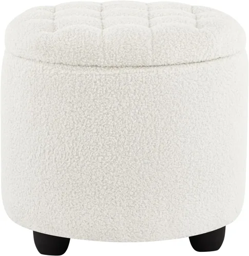 Vista 13 de Furniliving Moderno otomano redondo de almacenamiento, otomano tapizado con botones capitoné con tapa extraíble, taburete de almacenamiento