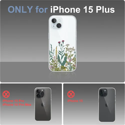 Vista 5 de Funda diseñada para iPhone 15 Plus, diseño de flores silvestres, diseño de plantas silvestres, funda transparente de teléfono para mujer para iPhone