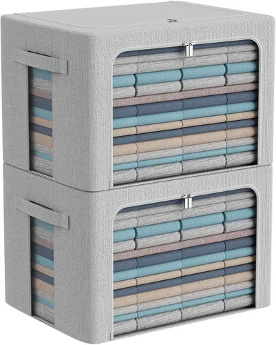 Vista 11 de CYhom Caja de almacenamiento de ropa, juego organizador plegable de tela de lino con ventana transparente, asas de transporte y marco de metal, 2