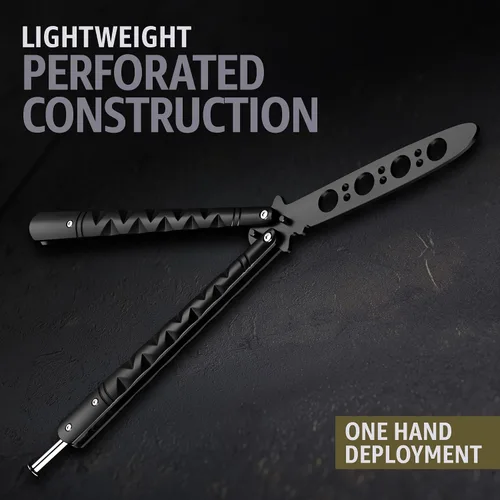 Vista 7 de GOOD WORKER Cuchillo Mariposa - Entrenador Balisong - Entrenador de Mariposa de Práctica Negro con Pestillo de Resorte Seguro - Cuchillos Balisong