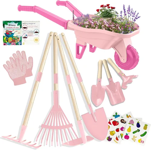 Vista 11 de Qtioucp - Juego de herramientas de jardinería para niños, juguetes al aire libre, juego de patio trasero con carretilla, juguetes educativos STEM