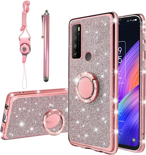Vista 10 de Funda para teléfono TCL 30 XL, 30XL T701DL para mujer, con purpurina, suave, elegante, TPU transparente, de lujo, linda funda protectora con correa