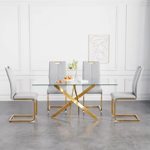 Vista 22 de Juego de mesa de comedor de 36 pulgadas para 4, moderna parte superior cuadrada de vidrio templado, mesa de patas de acero inoxidable con acabado