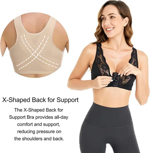 Vista 4 de Glamibra Bras, sujetador de cierre frontal en forma de X en la espalda para apoyo, sin aros de encaje para mujer