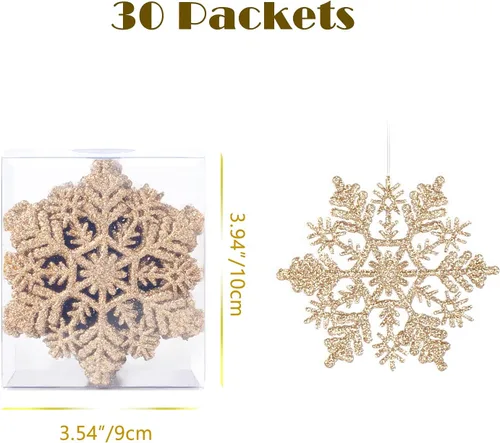 Vista 2 de AMS 30 unidades 4"/100 mm adornos de copo de nieve de plástico con purpurina brillante, decoración de árbol de Navidad para boda, Acción de Gracias
