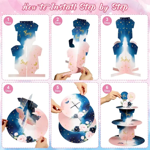 Vista 4 de Faccito Decoración de soporte para cupcakes para fiesta de revelación de género, azul y rosa de 3 niveles para baby shower, suministros de cartón