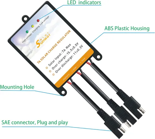 Vista 2 de Sunway kit de controlador de carga con paneles solares, regulador de batería, 7A para 12 voltios de cargador de batería solar, mantenedor de batería