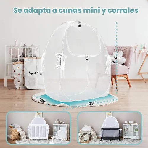 Vista 5 de Tienda para Mini Cuna y Corral, Toldo de Malla para Evitar que el Bebé se Salga, Malla Transpirable con Cremallera de Cierre Automático y Pestillo