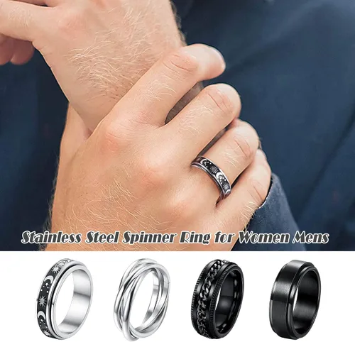 Vista 3 de FUNRUN JEWELRY Juego de 4 anillos giratorios de acero inoxidable para mujeres y hombres, anillos de banda para la ansiedad, luna, estrella, celta