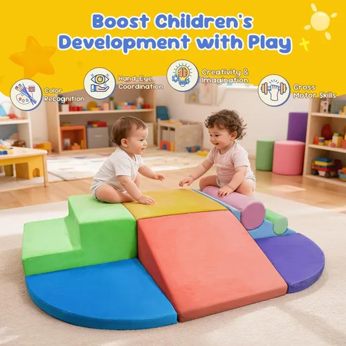 Vista 4 de Teckid Juguetes de escalada para niños pequeños, juego de 8 piezas de bloques de espuma suave para interiores, gateo seguro, escalada