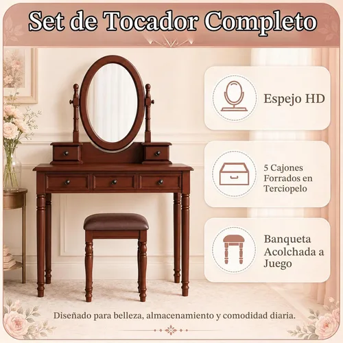 Vista 3 de Anwick Escritorio vintage con espejo de ángulo ajustable, juego de tocador de madera para dormitorio con forro de tela de terciopelo, 5 cajones