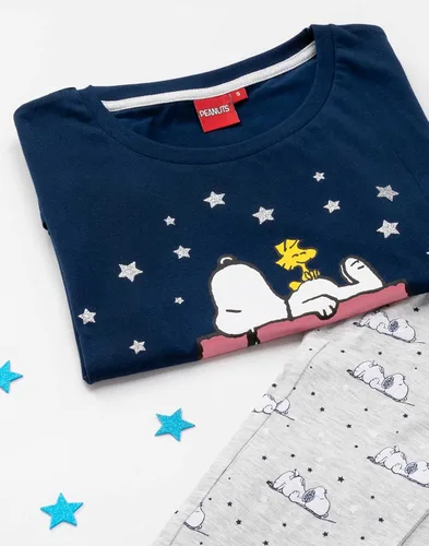 Vista 5 de Snoopy Pijama para mujer, blusa larga o corta, color azul marino, Azul