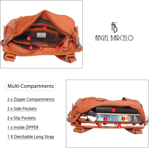 Vista 220 de Angel Barcelo - Bolsa de hombro amplia para mujer, diseño Hobo, cuero lavado