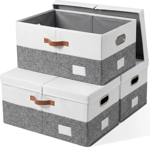 Vista 18 de PRANDOM Contenedores de almacenamiento con tapas [paquete de 3] cajas de almacenamiento plegables de tela de lino, canastas organizadoras, cubos
