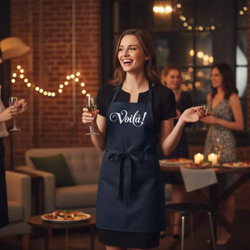 Vista 4 de Voila - Delantales de cocina para mujeres y hombres, negro, ajustable, dos bolsillos delanteros, divertido y lindo delantal de cocina francesa