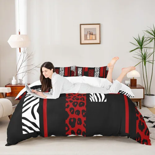 Vista 2 de Juego de funda de edredón con estampado de leopardo, tamaño individual, juego de ropa de cama rústica con rayas de piel de cebra, decoración
