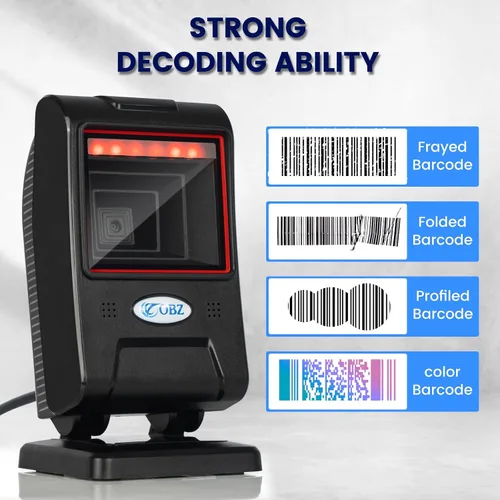Vista 3 de OBZ Escáner de código de barras de escritorio manos libres, lector de código QR omnidireccional 1D 2D con cabezal de escaneo ajustable, escáner
