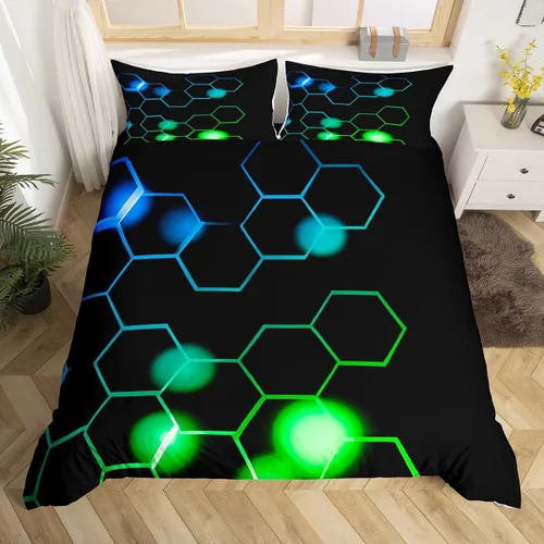 Vista 16 de Feelyou Juego de ropa de cama verde y negro tamaño individual para niños y adolescentes, juego de funda de edredón con temática hexagonal