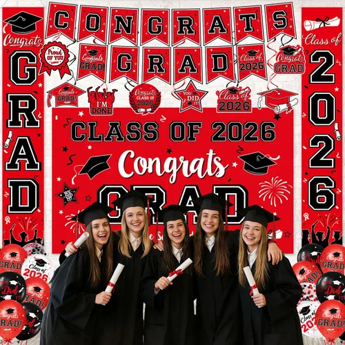 Vista 6 de Decoraciones de graduación 2026, juego de decoraciones de graduación rojo y negro con pancarta y telón de fondo de felicitaciones, letrero