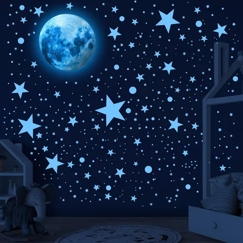 Vista 4 de 492 calcomanías de pared que brillan en la oscuridad con estrellas para techo de luna azul Astronaut Universe Galaxy Planet Wall Decor