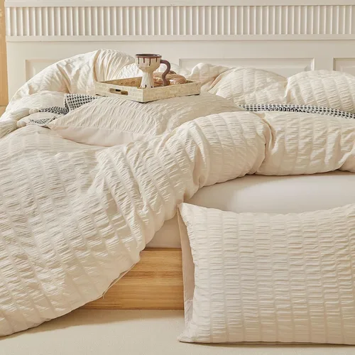 Vista 4 de WARMDERN - Juego de funda de edredón tamaño Queen, juego de ropa de cama de 3 piezas de microfibra lavada color beige, funda de edredón con textura