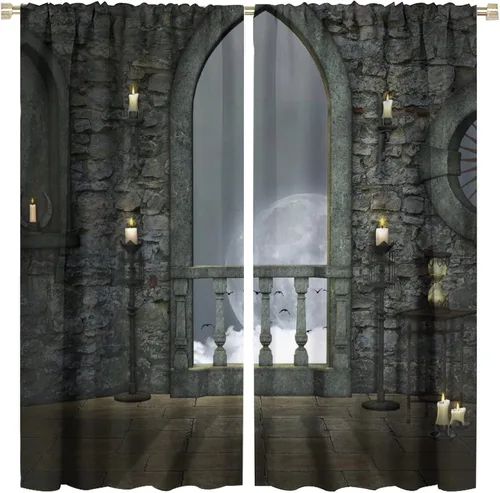 Vista 53 de Cortinas góticas con diseño de luna de Halloween, historia, puerta espeluznante, fondo de terror, vela, ficción, patrón de impresión, sala de estar