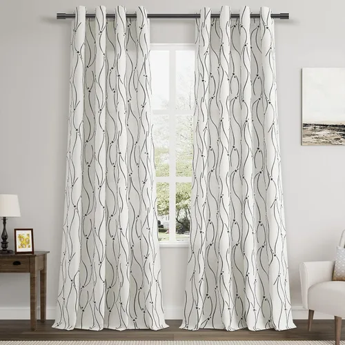 Vista 21 de Joywell Cortinas jacquard con ojales para sala de estar, 108 pulgadas de largo, línea ondulada negra con patrón de puntos, cortinas bordadas
