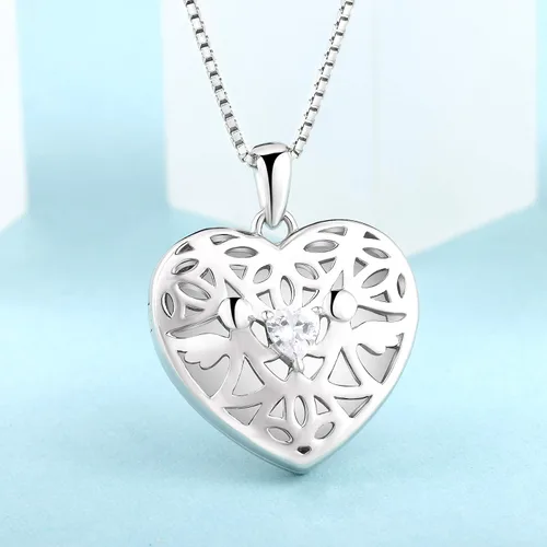 Vista 2 de FJ Collar con medallón de ángel con foto de piedra de nacimiento de plata de ley con colgante de ángel hueco, regalo para mujeres