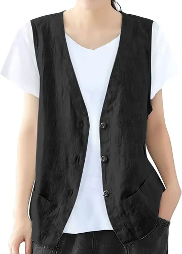 Vista 5 de COTECRAM Chaleco de lino de algodón para mujer, casual, sin mangas, con botones, ligero, para verano, holgado, ropa de abrigo